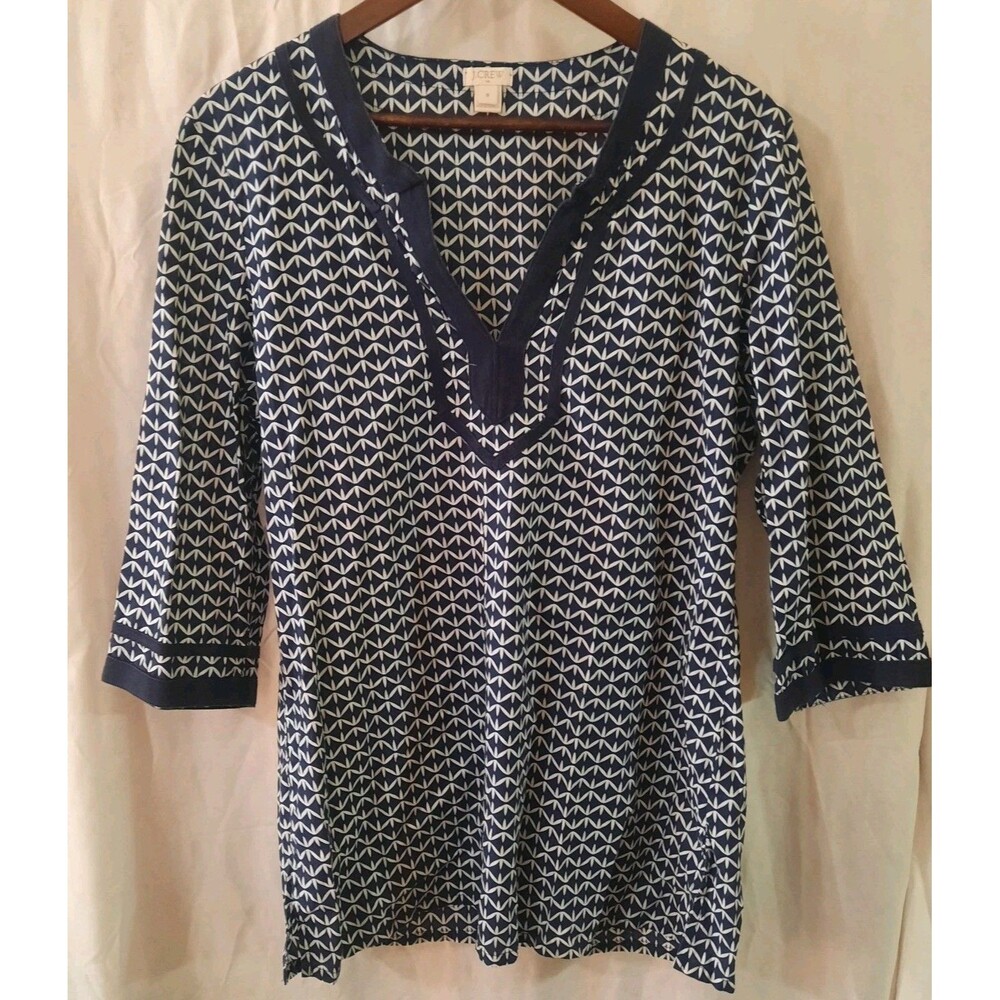 J Crew Womens Medium Split Neck 3/4 Sleeve Blue White Pullover Top